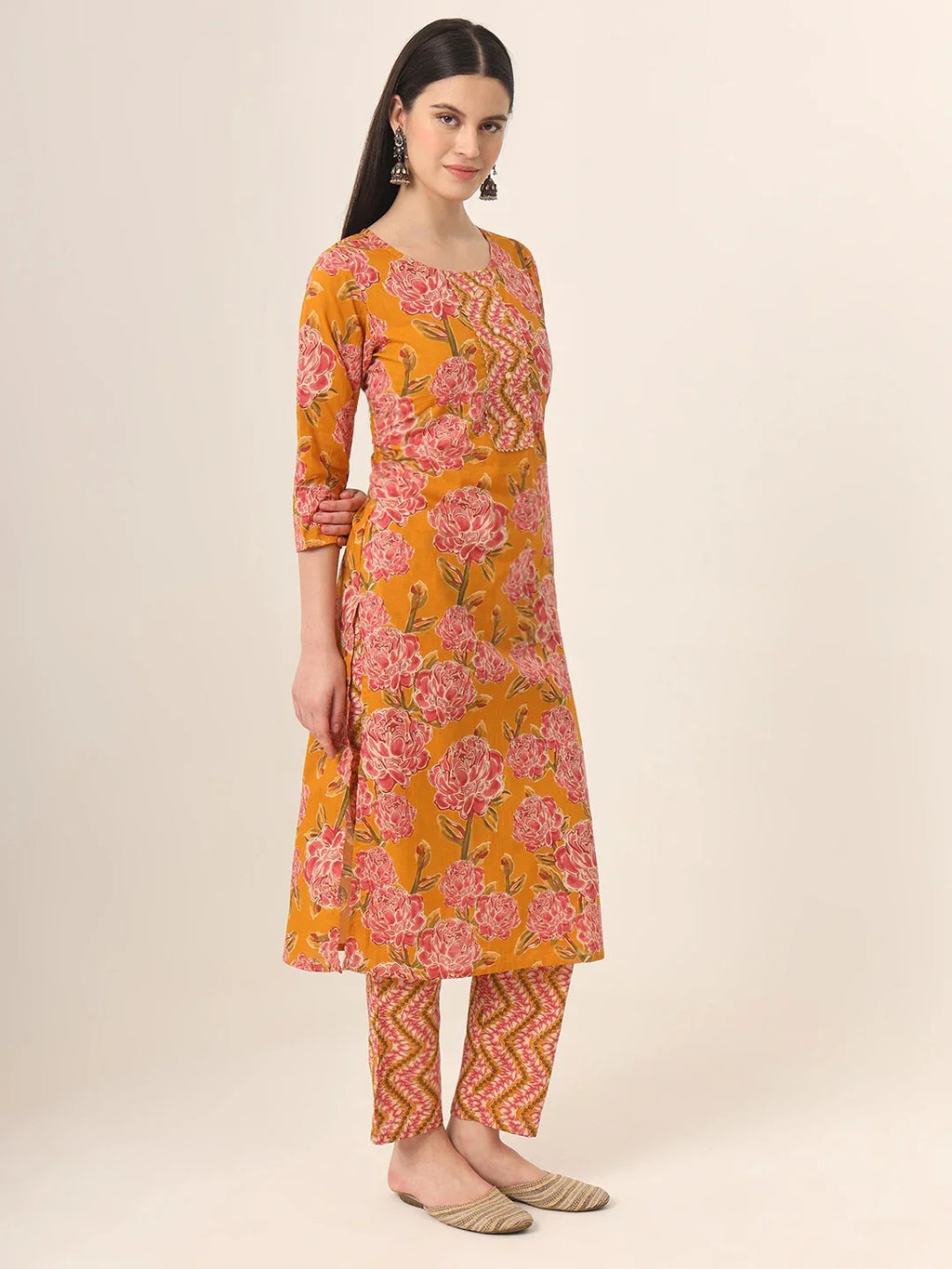 Yufta Mustard Pure Cotton Straight Kurta Pants Dupatta Set | Grocsy