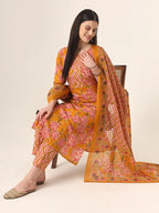Yufta Mustard Pure Cotton Straight Kurta Pants Dupatta Set | Grocsy
