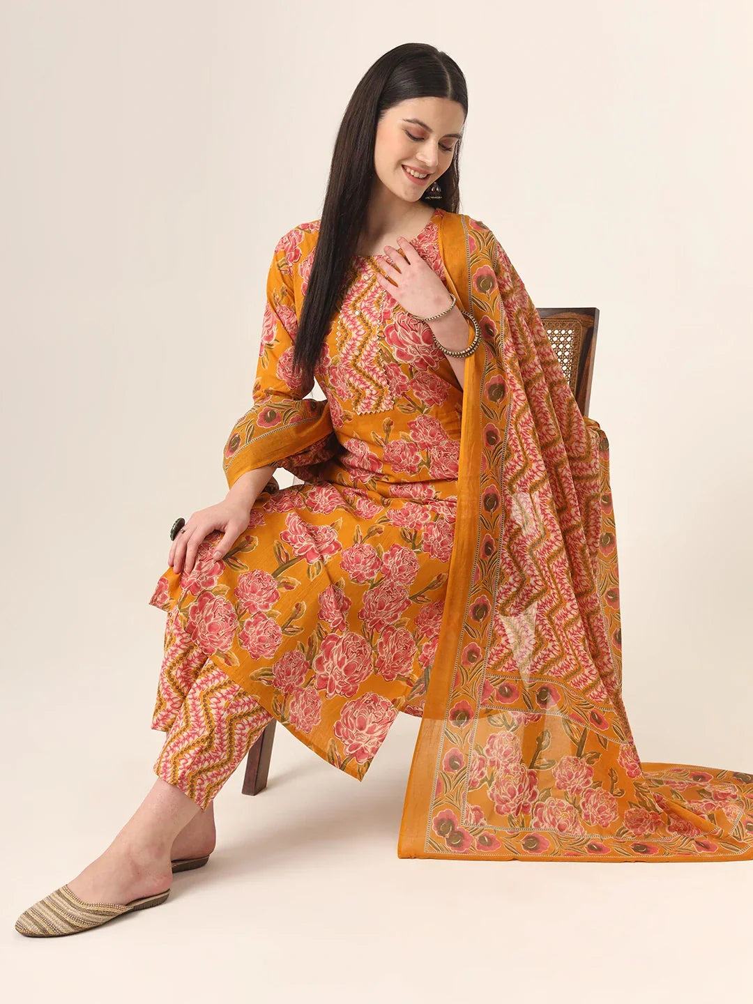 Yufta Mustard Pure Cotton Straight Kurta Pants Dupatta Set | Grocsy