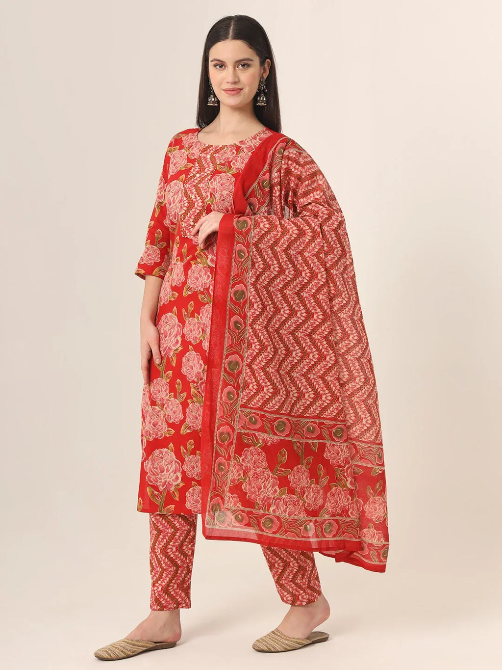 Yufta Red Pure Cotton Straight Kurta Pants Dupatta Set | Grocsy