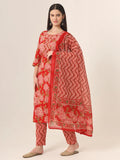 Yufta Red Pure Cotton Straight Kurta Pants Dupatta Set | Grocsy