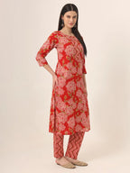 Yufta Red Pure Cotton Straight Kurta Pants Dupatta Set | Grocsy