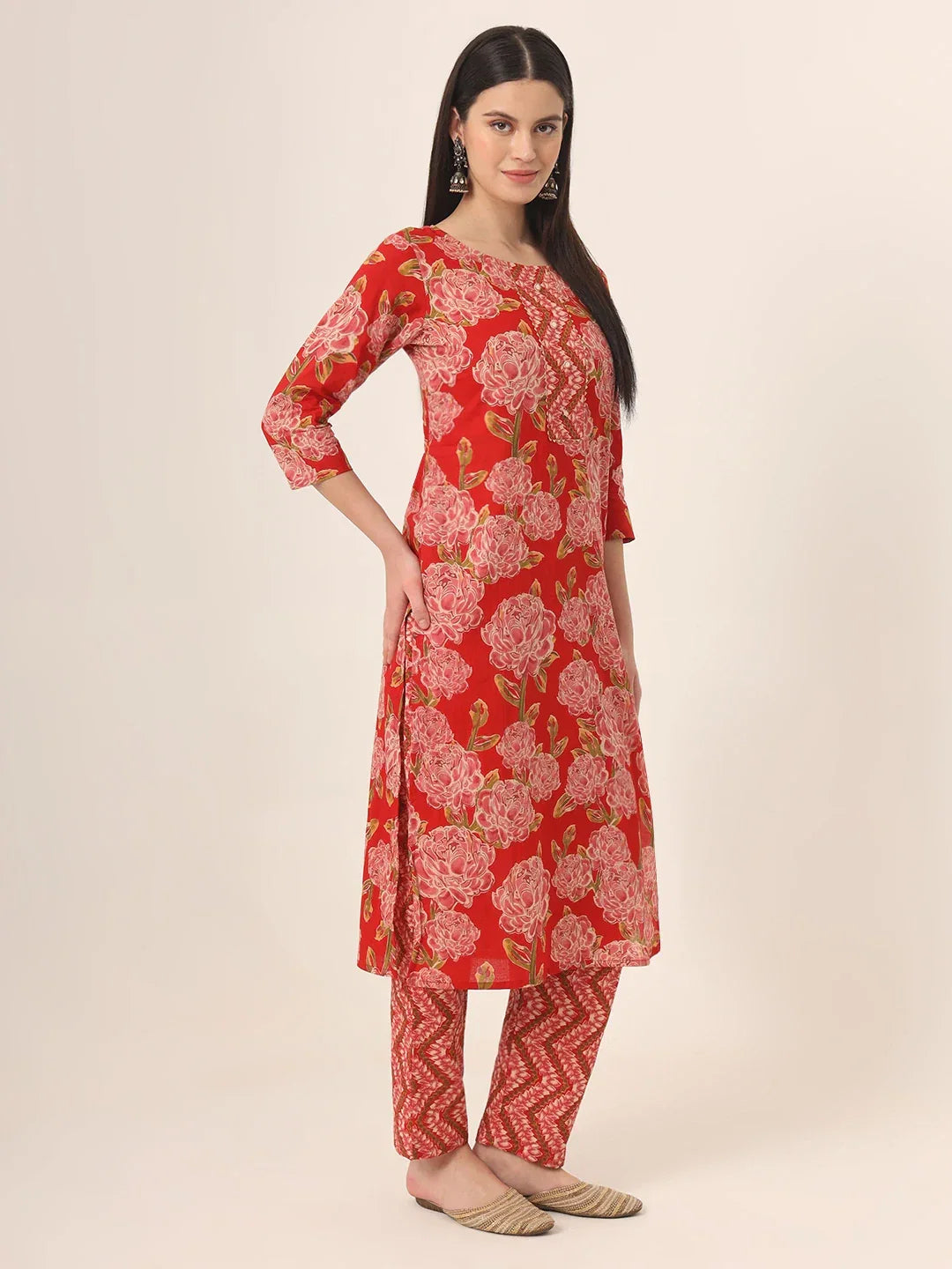 Yufta Red Pure Cotton Straight Kurta Pants Dupatta Set | Grocsy
