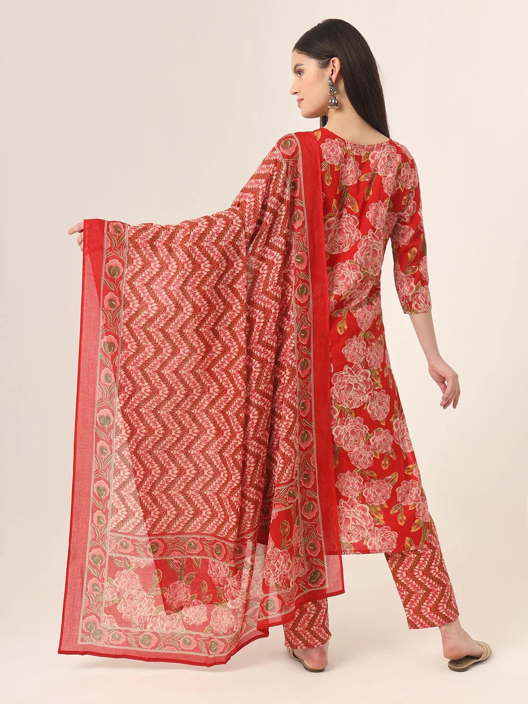 Yufta Red Pure Cotton Straight Kurta Pants Dupatta Set | Grocsy