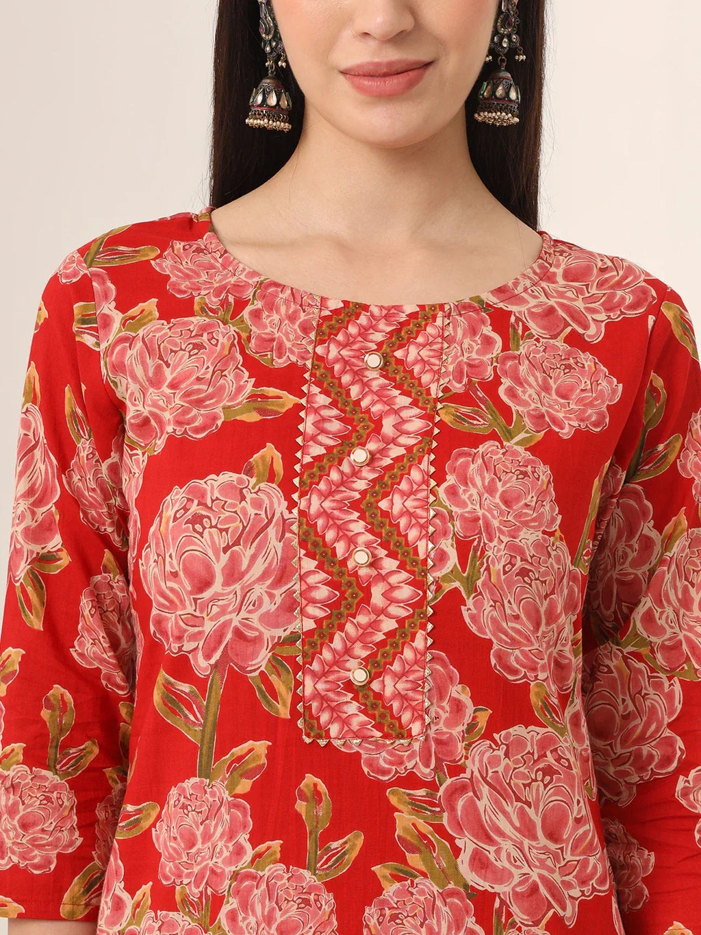 Yufta Red Pure Cotton Straight Kurta Pants Dupatta Set | Grocsy