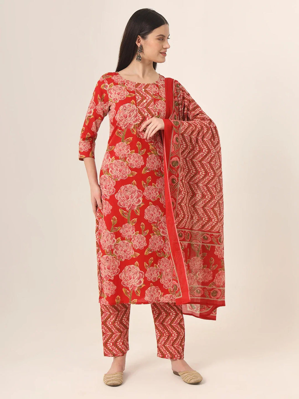 Yufta Red Pure Cotton Straight Kurta Pants Dupatta Set | Grocsy