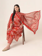 Yufta Red Pure Cotton Straight Kurta Pants Dupatta Set | Grocsy