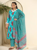 Yufta Pure Cotton Blue Kurta Dupatta Pant Set With Handwork | Grocsy