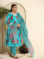 Yufta Pure Cotton Blue Kurta Dupatta Pant Set With Handwork | Grocsy