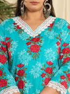 Yufta Pure Cotton Blue Kurta Dupatta Pant Set With Handwork | Grocsy