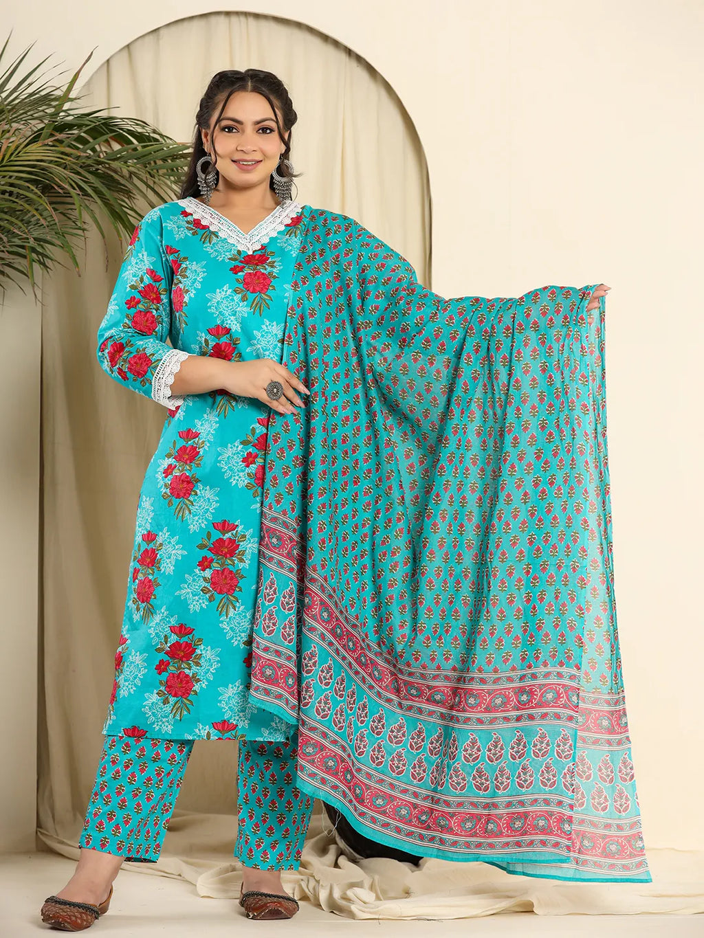 Yufta Pure Cotton Blue Kurta Dupatta Pant Set With Handwork | Grocsy