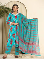 Yufta Pure Cotton Blue Kurta Dupatta Pant Set With Handwork | Grocsy