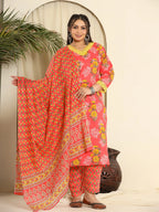 Yufta Pure Cotton Pink Kurta Dupatta Pant Set With Handwork | Grocsy