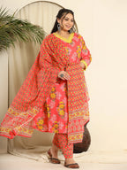 Yufta Pure Cotton Pink Kurta Dupatta Pant Set With Handwork | Grocsy