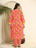 Yufta Pure Cotton Pink Kurta Dupatta Pant Set With Handwork | Grocsy