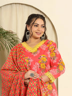 Yufta Pure Cotton Pink Kurta Dupatta Pant Set With Handwork | Grocsy