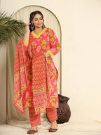 Yufta Pure Cotton Pink Kurta Dupatta Pant Set With Handwork | Grocsy