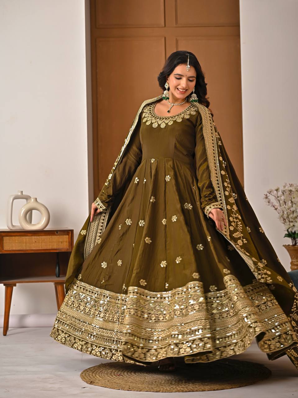 Yash Enterprise Mehndi Vichitra Silk Party Wear Embroidery Suit Set | Grocsy