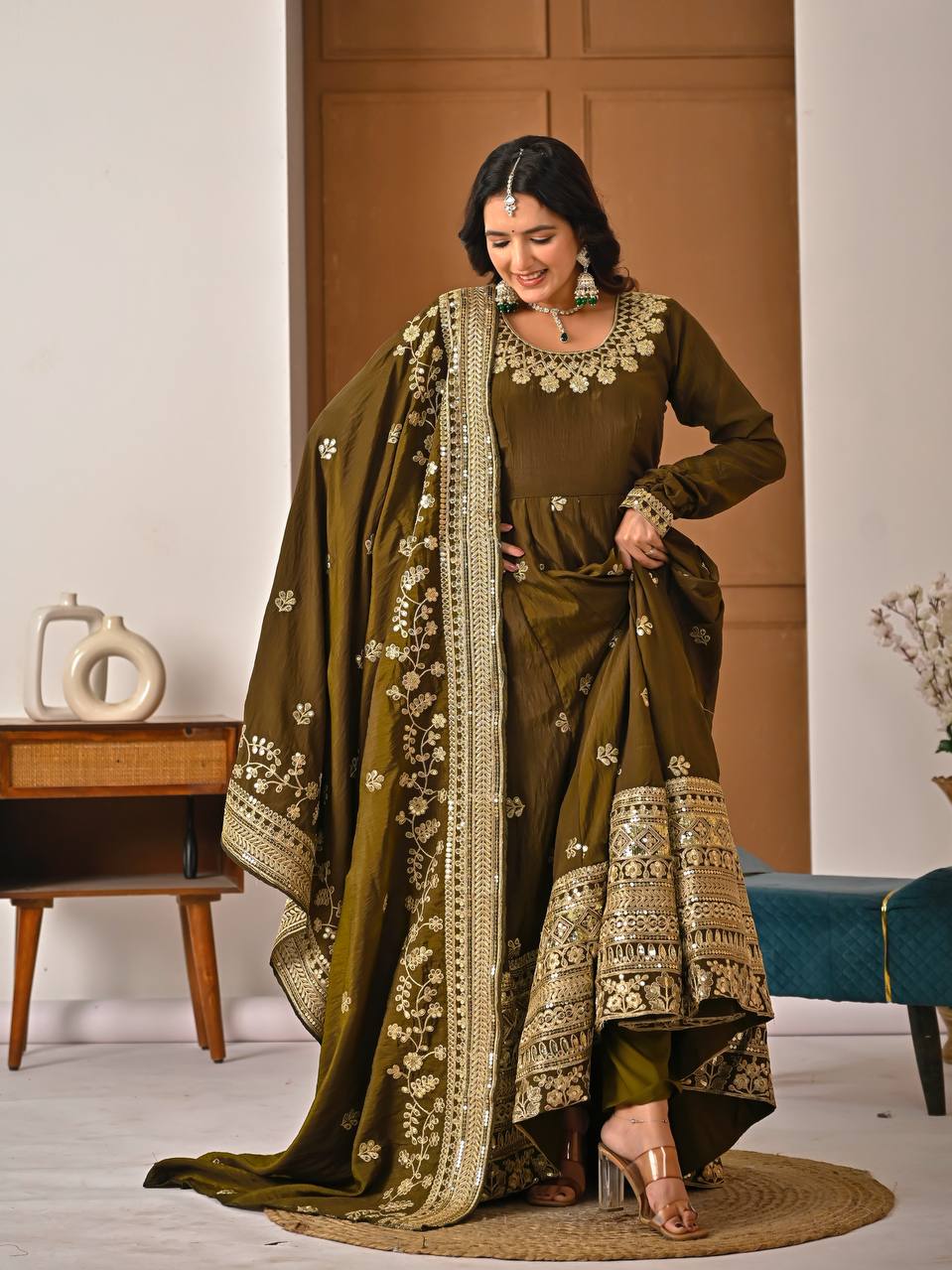 Yash Enterprise Mehndi Vichitra Silk Party Wear Embroidery Suit Set | Grocsy