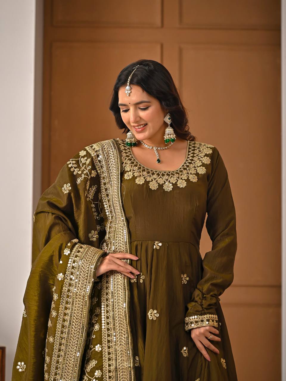 Yash Enterprise Mehndi Vichitra Silk Party Wear Embroidery Suit Set | Grocsy