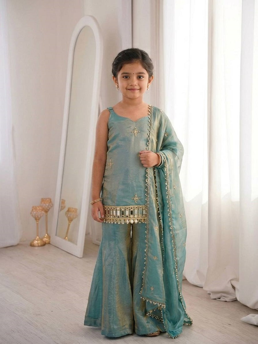 Evanik Green Seagreen Embroidered Fendy Silk Kids Sharara Set | Grocsy