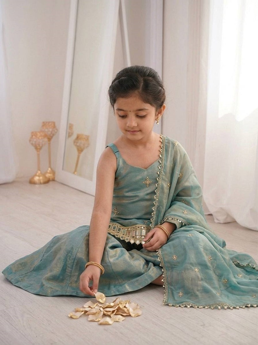Evanik Green Seagreen Embroidered Fendy Silk Kids Sharara Set | Grocsy