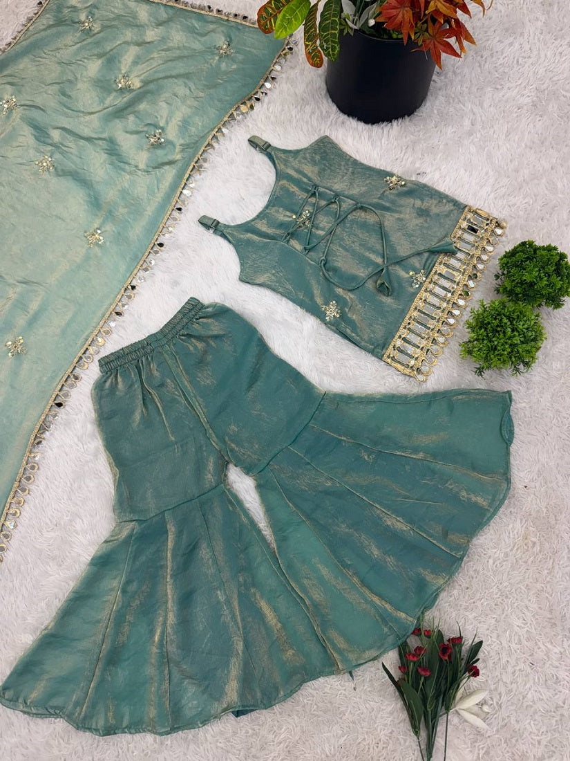 Evanik Green Seagreen Embroidered Fendy Silk Kids Sharara Set | Grocsy
