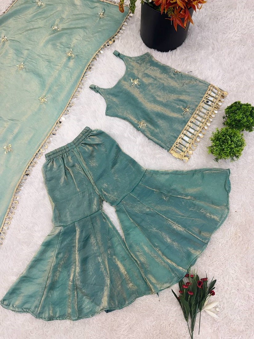 Evanik Green Seagreen Embroidered Fendy Silk Kids Sharara Set | Grocsy