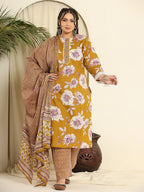 Yufta Mustard Pure Cotton Kurta Dupatta Pant Set With Handwork | Grocsy