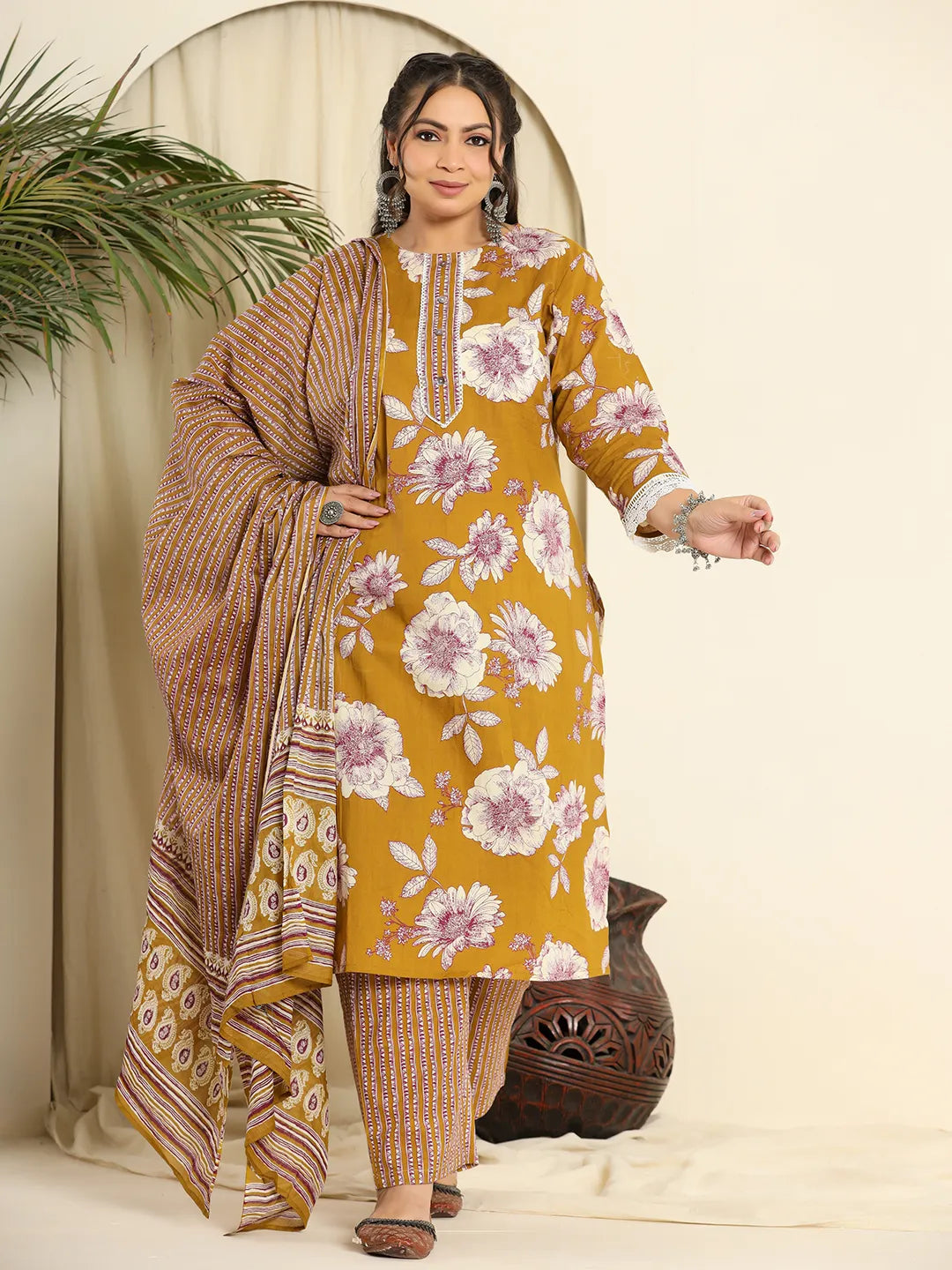 Yufta Mustard Pure Cotton Kurta Dupatta Pant Set With Handwork | Grocsy