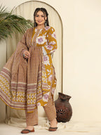 Yufta Mustard Pure Cotton Kurta Dupatta Pant Set With Handwork | Grocsy