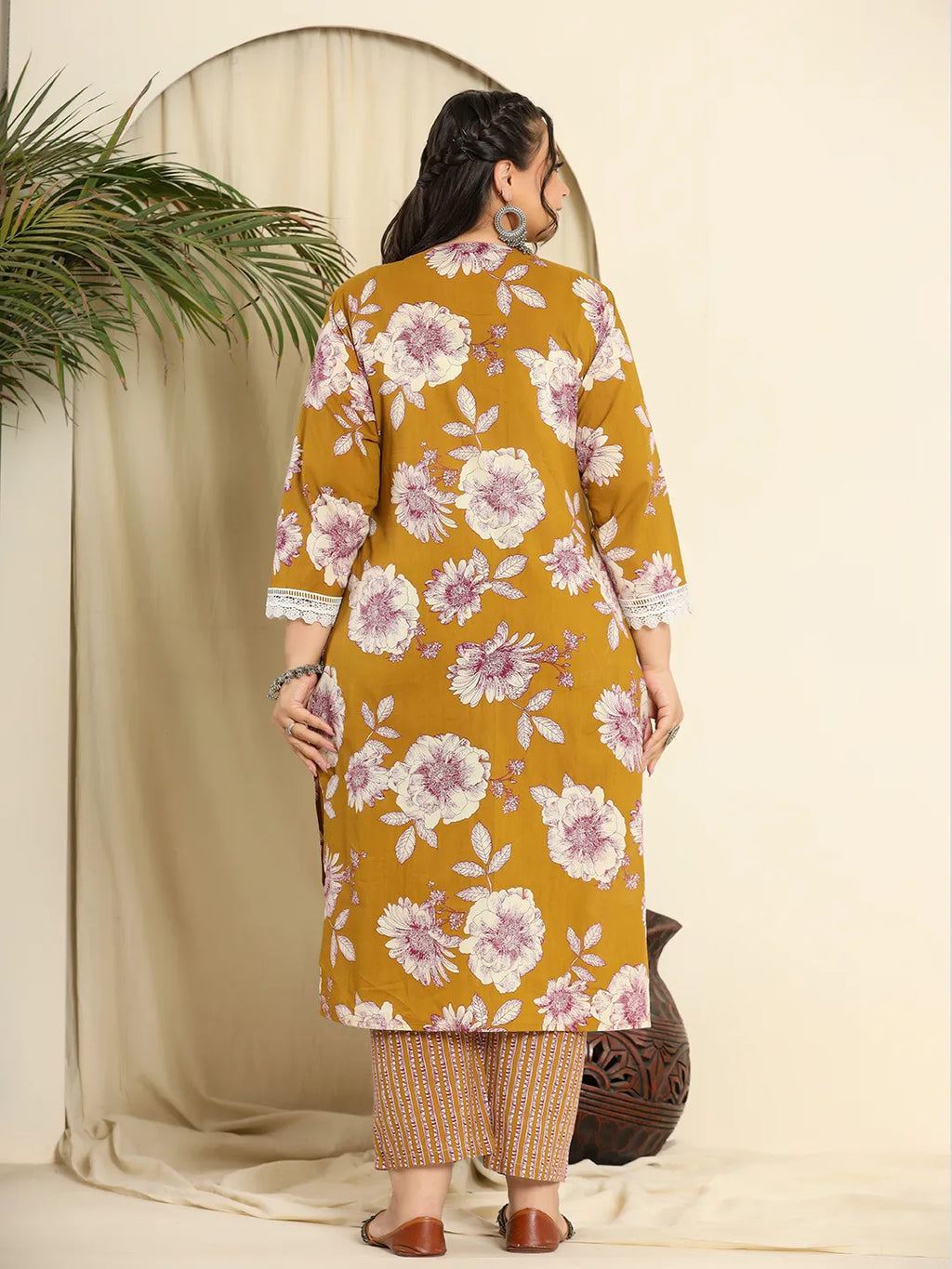 Yufta Mustard Pure Cotton Kurta Dupatta Pant Set With Handwork | Grocsy