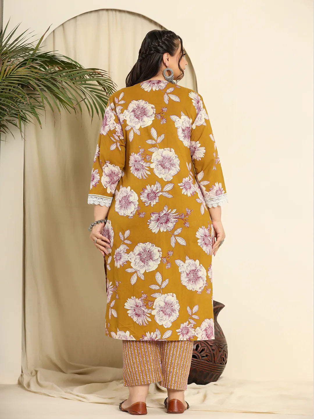 Yufta Mustard Pure Cotton Kurta Dupatta Pant Set With Handwork | Grocsy