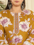 Yufta Mustard Pure Cotton Kurta Dupatta Pant Set With Handwork | Grocsy