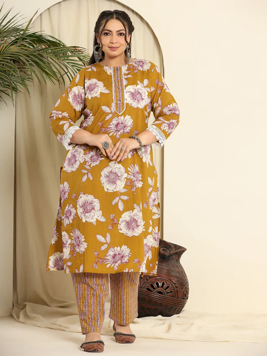 Yufta Mustard Pure Cotton Kurta Dupatta Pant Set With Handwork | Grocsy