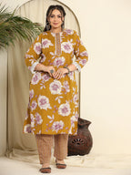 Yufta Mustard Pure Cotton Kurta Dupatta Pant Set With Handwork | Grocsy