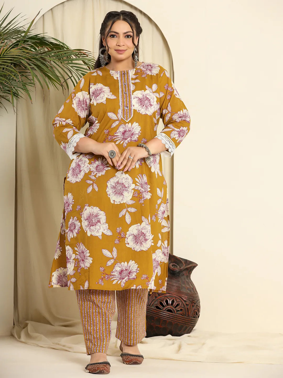 Yufta Mustard Pure Cotton Kurta Dupatta Pant Set With Handwork | Grocsy