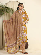 Yufta Mustard Pure Cotton Kurta Dupatta Pant Set With Handwork | Grocsy