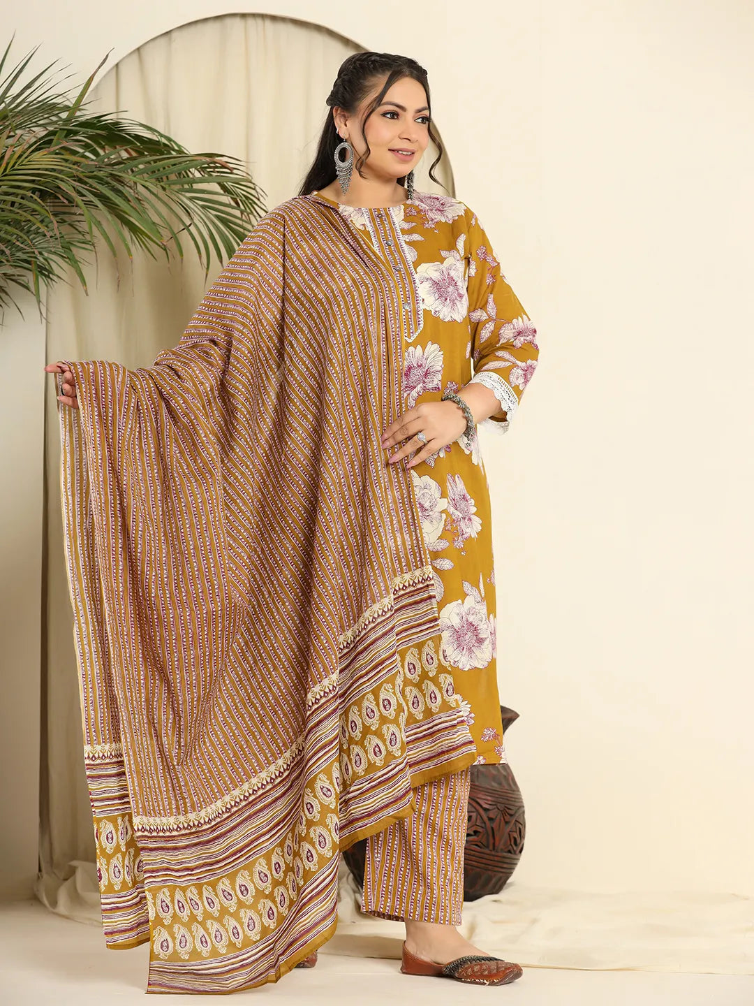 Yufta Mustard Pure Cotton Kurta Dupatta Pant Set With Handwork | Grocsy