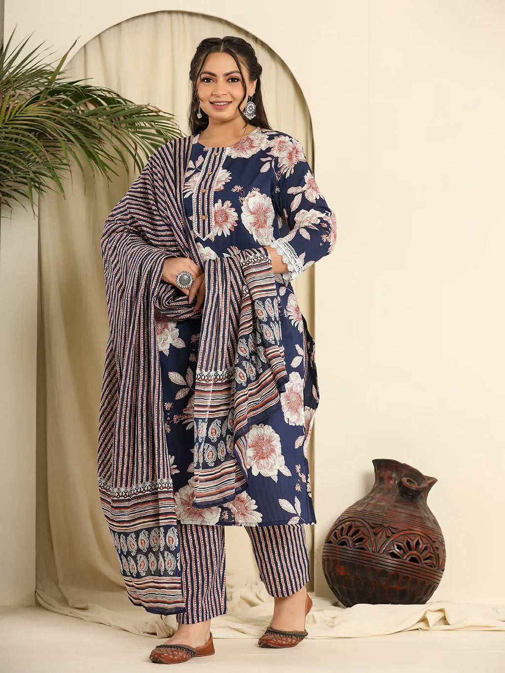 Yufta Navy Blue Pure Cotton Kurta Dupatta Pant Set With Handwork | Grocsy