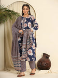Yufta Navy Blue Pure Cotton Kurta Dupatta Pant Set With Handwork | Grocsy