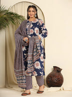 Yufta Navy Blue Pure Cotton Kurta Dupatta Pant Set With Handwork | Grocsy
