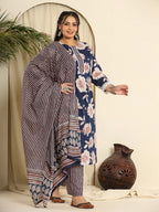 Yufta Navy Blue Pure Cotton Kurta Dupatta Pant Set With Handwork | Grocsy