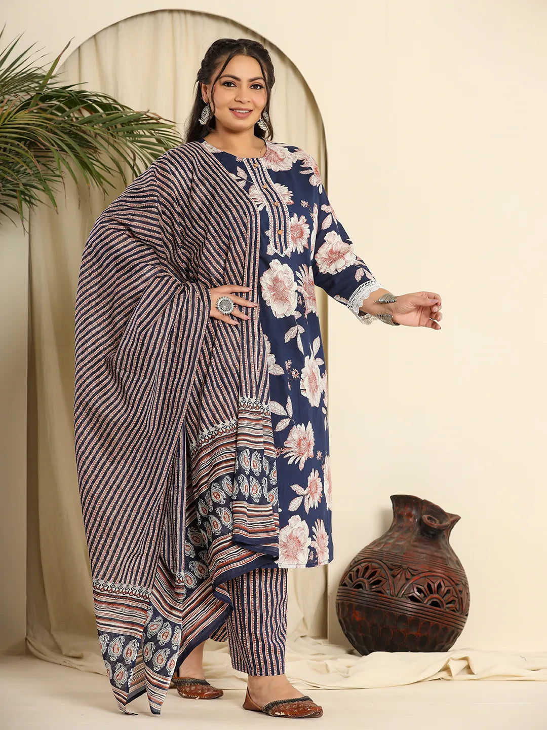 Yufta Navy Blue Pure Cotton Kurta Dupatta Pant Set With Handwork | Grocsy
