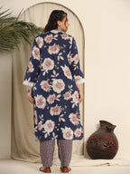 Yufta Navy Blue Pure Cotton Kurta Dupatta Pant Set With Handwork | Grocsy
