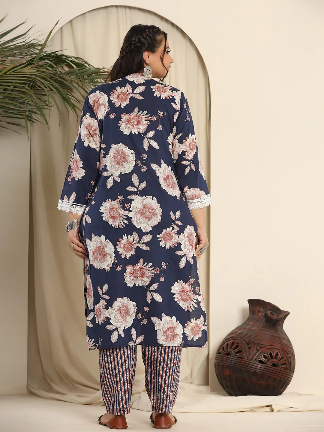 Yufta Navy Blue Pure Cotton Kurta Dupatta Pant Set With Handwork | Grocsy