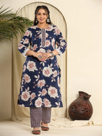 Yufta Navy Blue Pure Cotton Kurta Dupatta Pant Set With Handwork | Grocsy