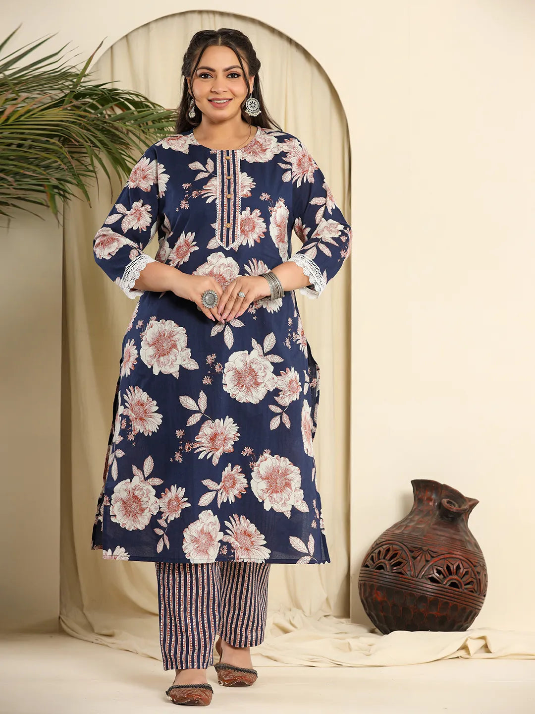 Yufta Navy Blue Pure Cotton Kurta Dupatta Pant Set With Handwork | Grocsy