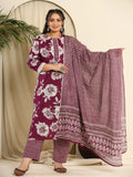 Yufta Purple Pure Cotton Kurta Dupatta Pant Set With Handwork | Grocsy