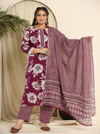 Yufta Purple Pure Cotton Kurta Dupatta Pant Set With Handwork | Grocsy